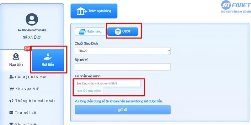 Rút tiền qua kỹ thuật số (USDT)