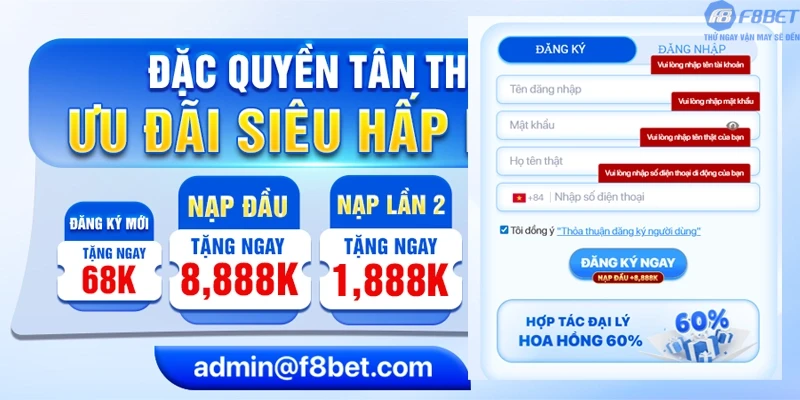 Đăng Ký F8bet1 Nhanh Chóng Nhận Ưu Đãi 88K Chào Mừng