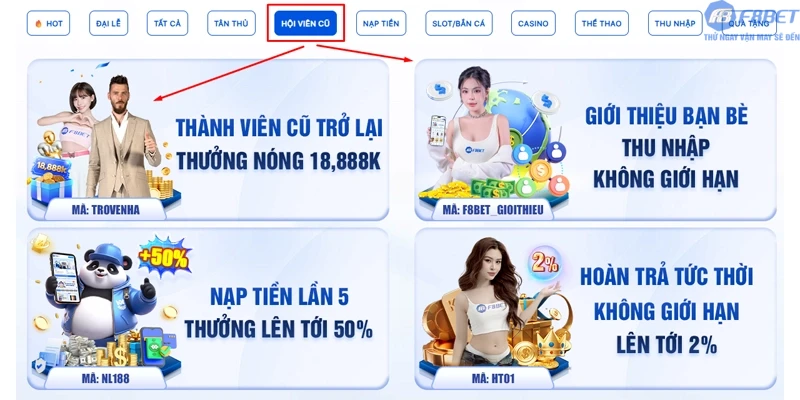 Khuyến mãi cho Hội Viên Cũ F8bet1: Tặng thưởng lên đến 18.888K